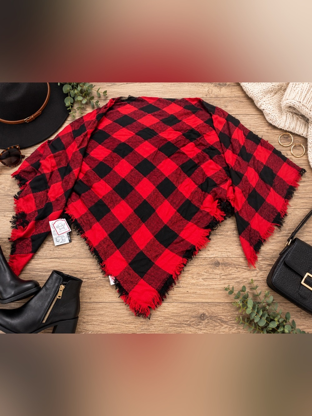 Red Black Buffalo Plaid Blanket Scarf Wrap Poncho Fringe OSFM